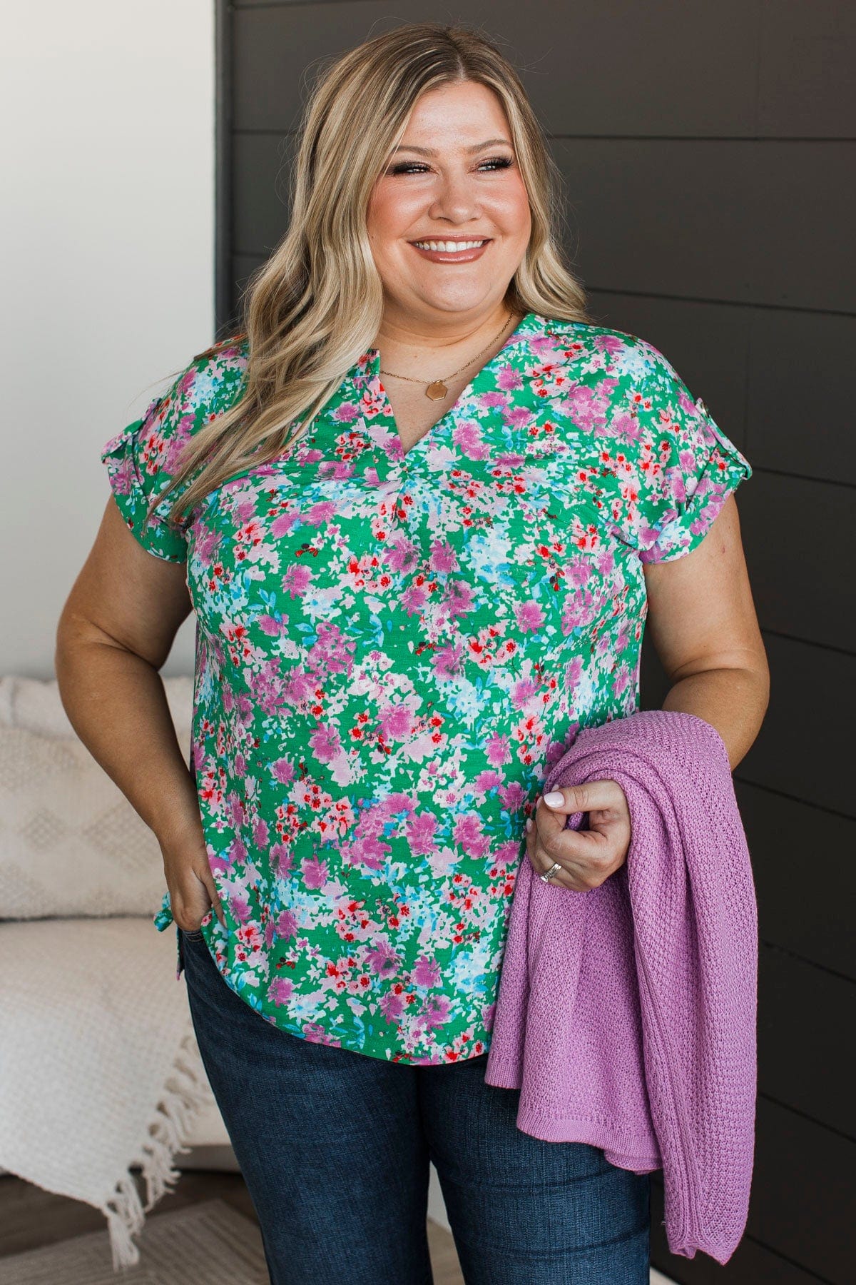 In The Garden Floral Top- Green & Pink - Image 3