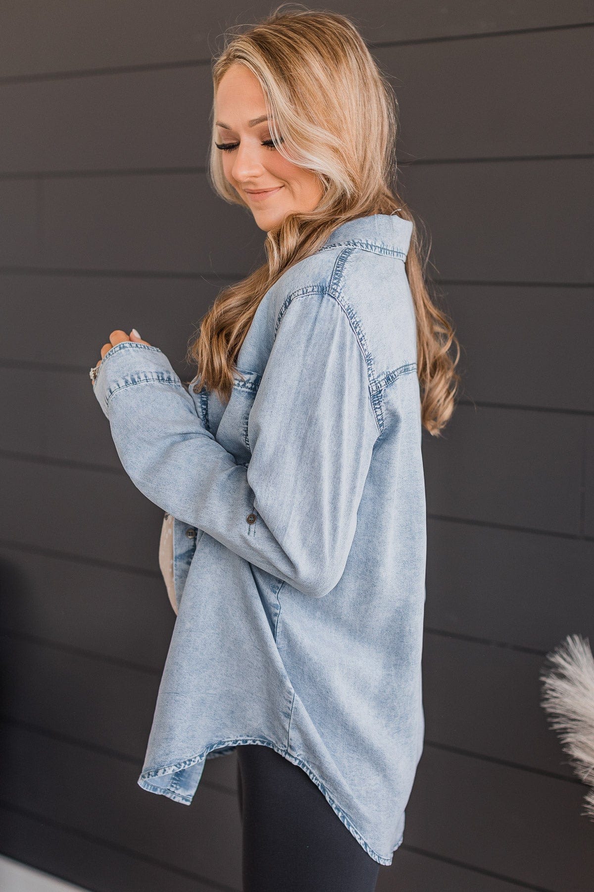 In The Meantime Button Up Chambray Top- Light Denim - Image 5