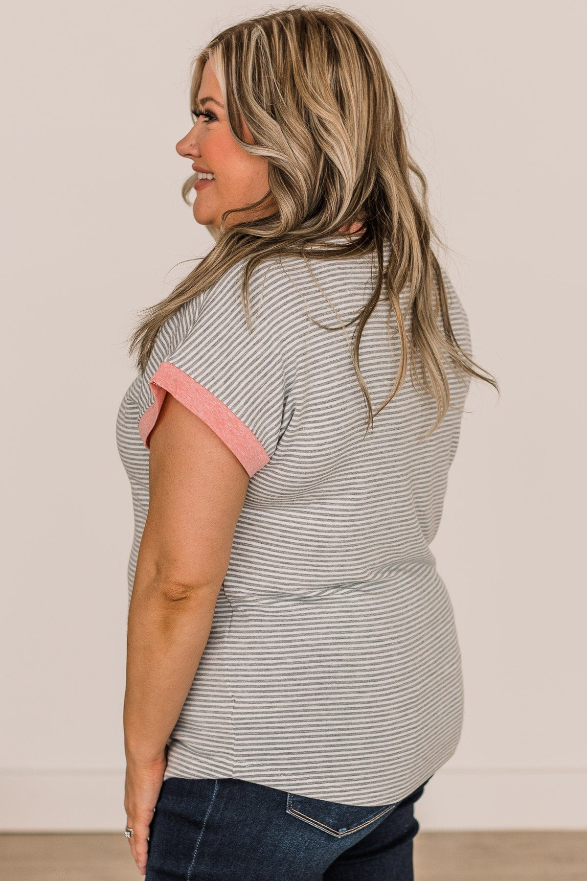 In The Right Direction Striped Top- Heather Grey & Pink - Image 5