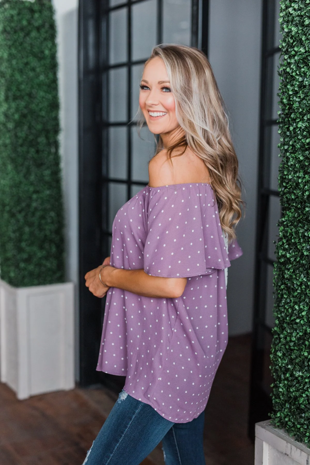 In The Spot Light Polka Dot Top- Dusty Purple - Image 12