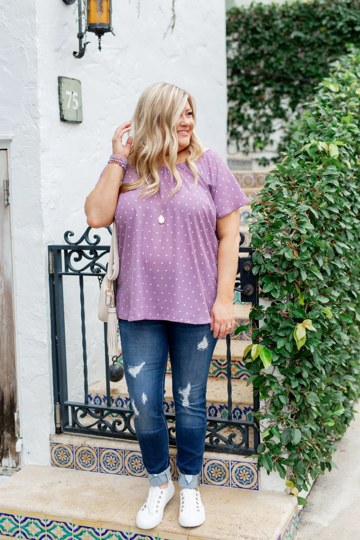 In The Spot Light Polka Dot Top- Dusty Purple - Image 2