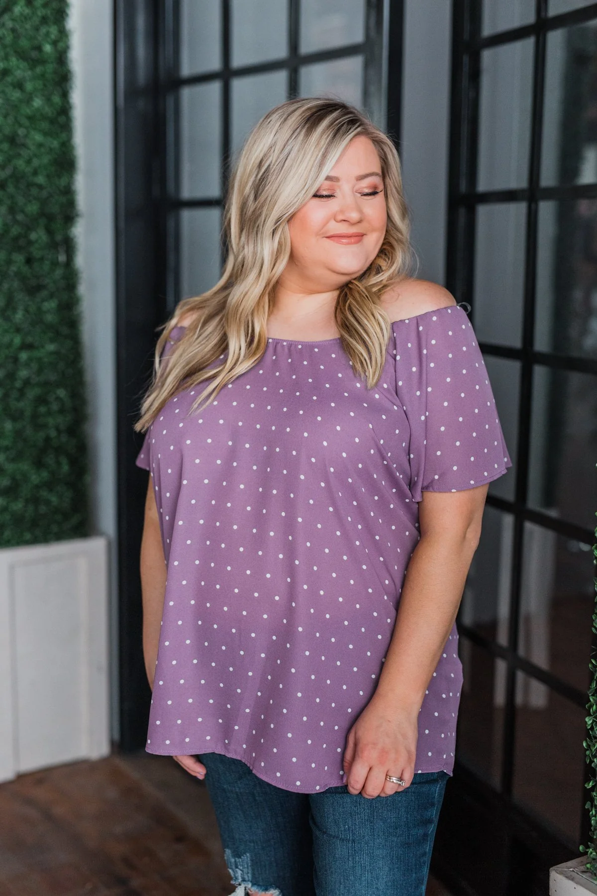 In The Spot Light Polka Dot Top- Dusty Purple - Image 9