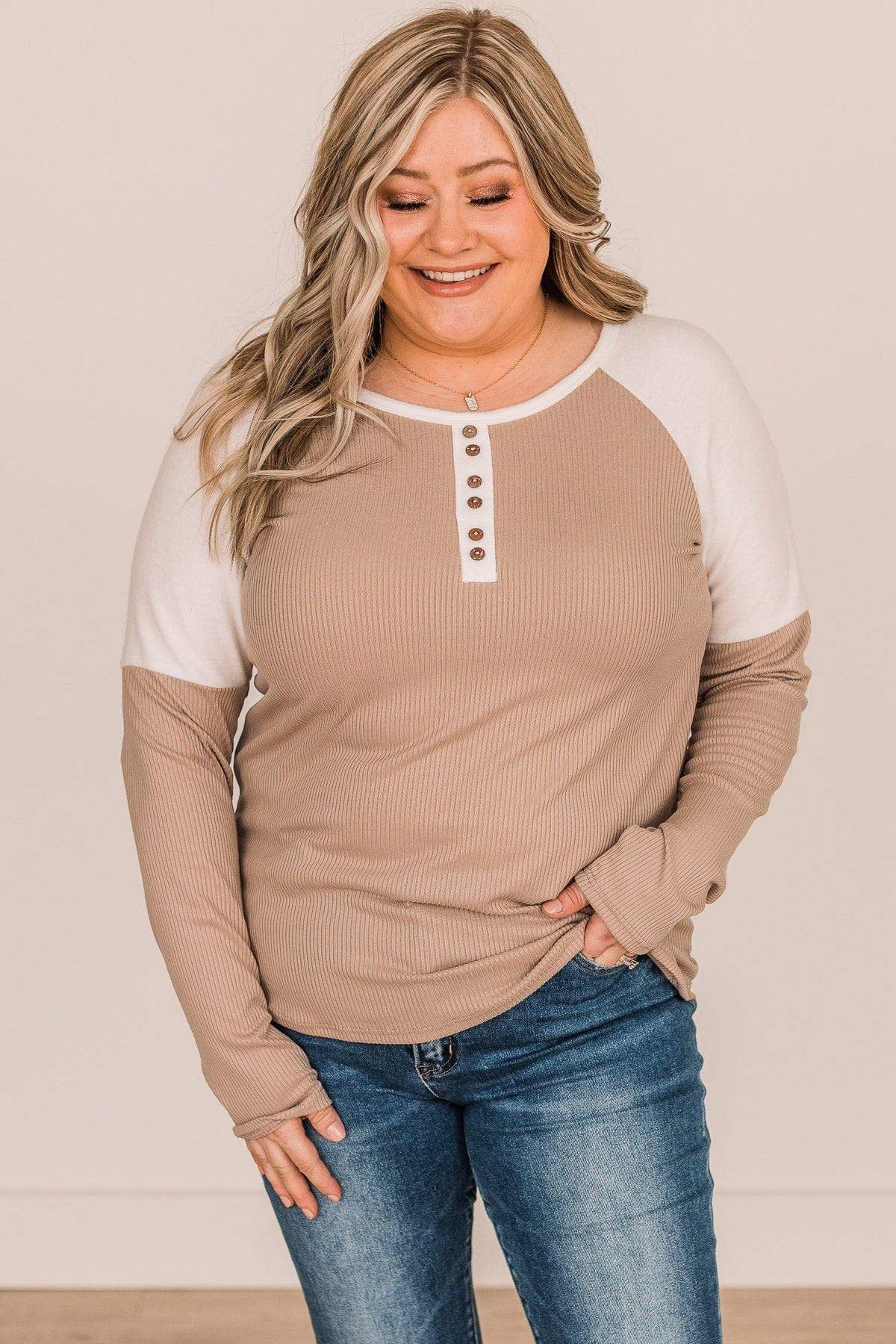 In The Works Button Knit Top- Beige & Ivory - Image 2