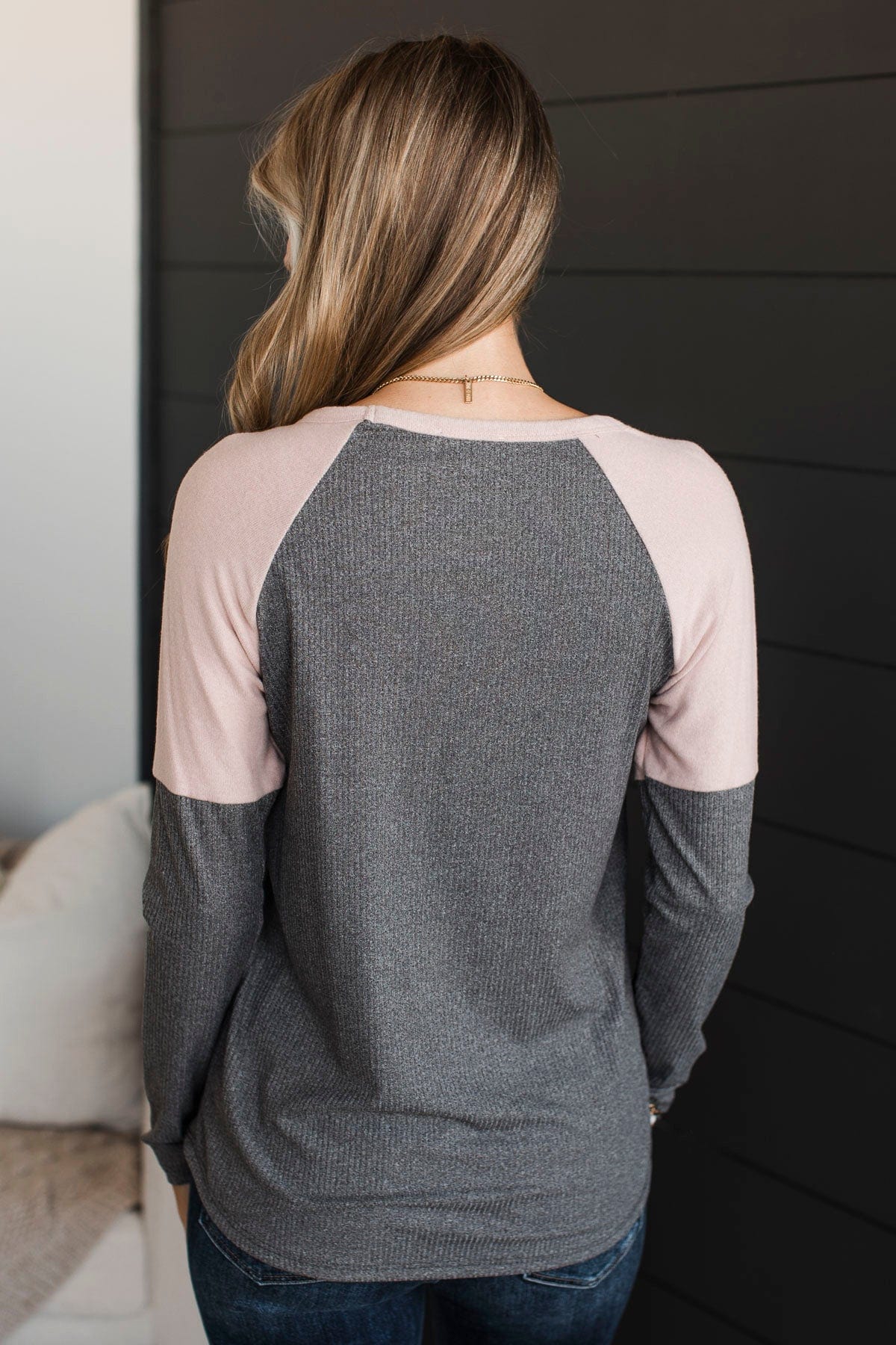 In The Works Button Knit Top- Mauve & Grey - Image 7