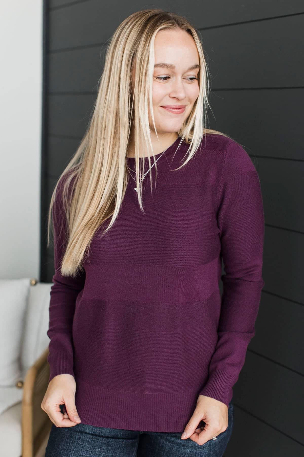 In Those Days Textured Stripe Knit Sweater- Plum - Image 2