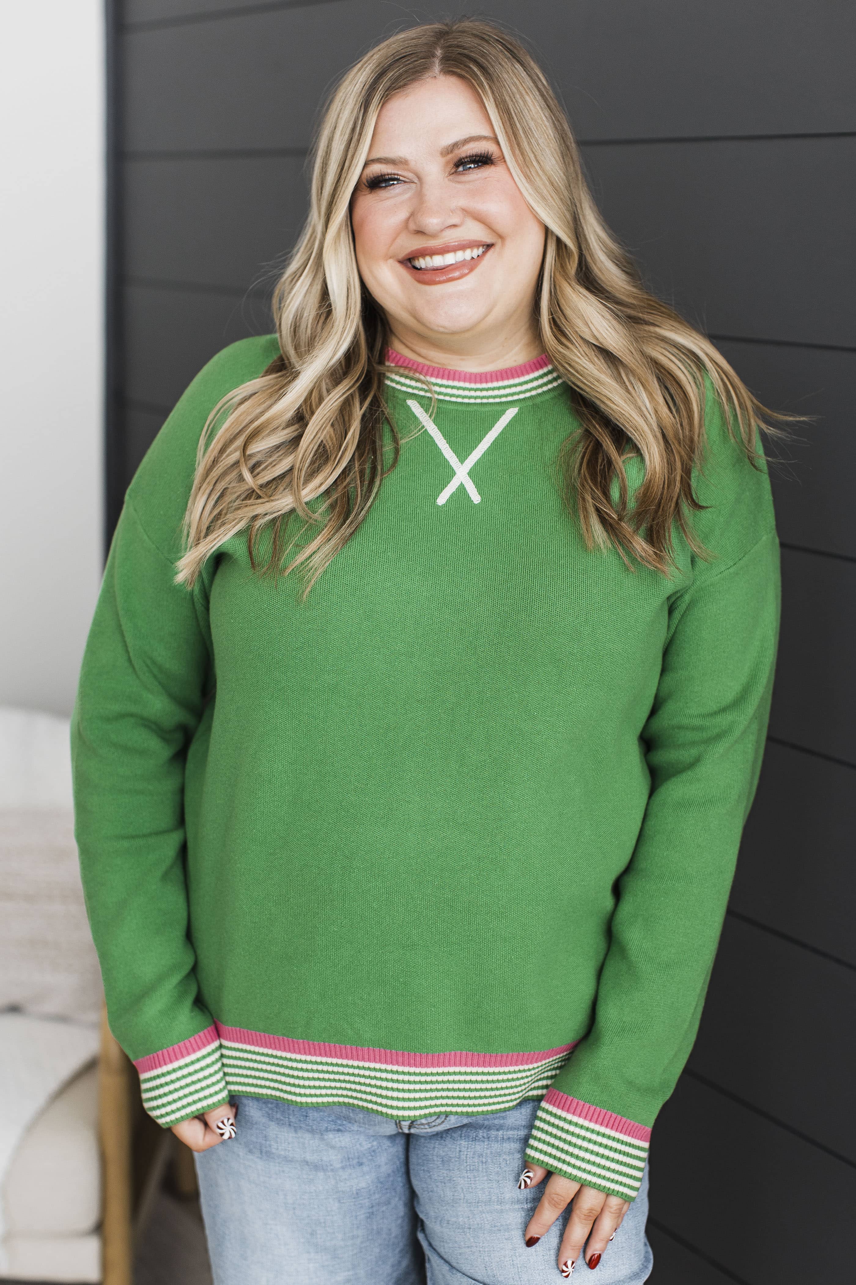 Incredible Chemistry Contrast Knit Sweater- Green - Image 3
