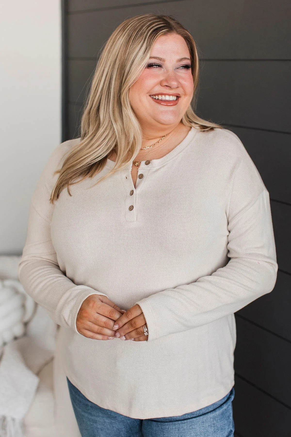 Incredible Timing Long Sleeve Henley Top- Oatmeal - Image 3