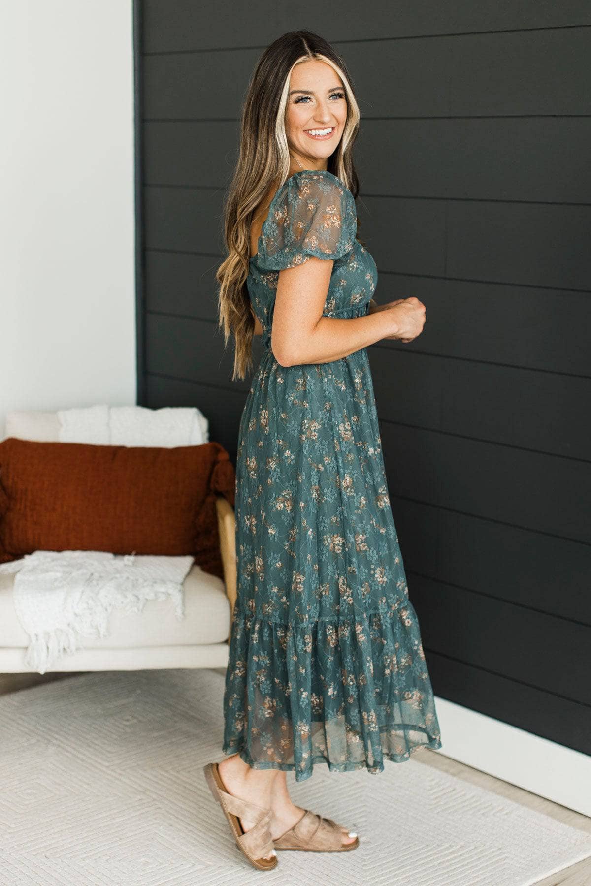 Infinite Adoration Floral Midi Dress- Dark Dusty Teal - Image 4