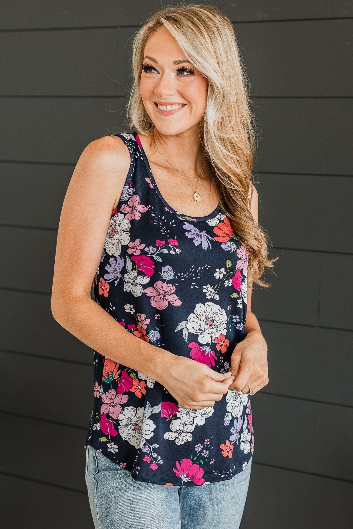 Inspire Me Floral Tank Top- Navy - Image 5