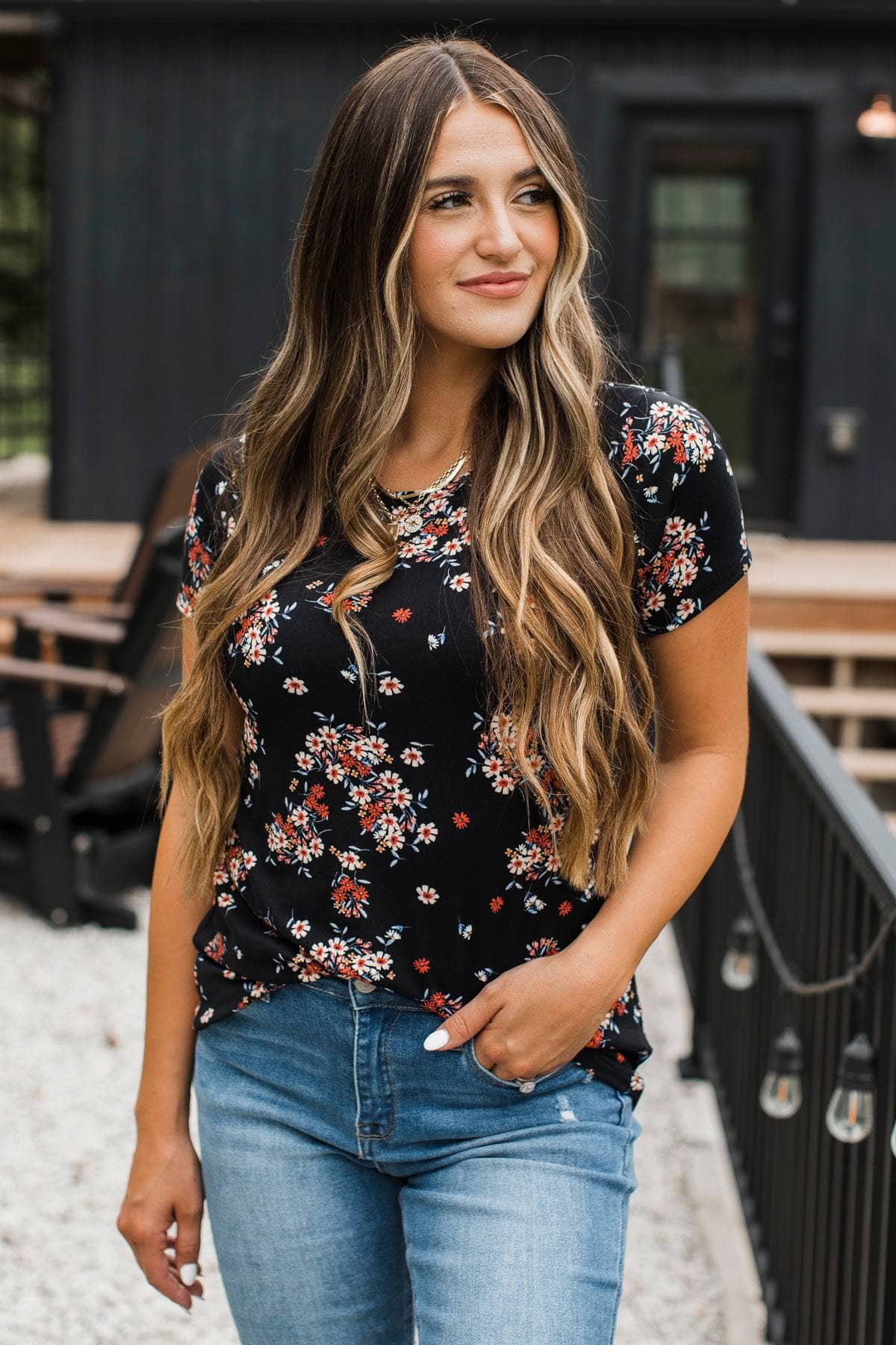Inspire Others Short Sleeve Floral Top- Black - Image 4