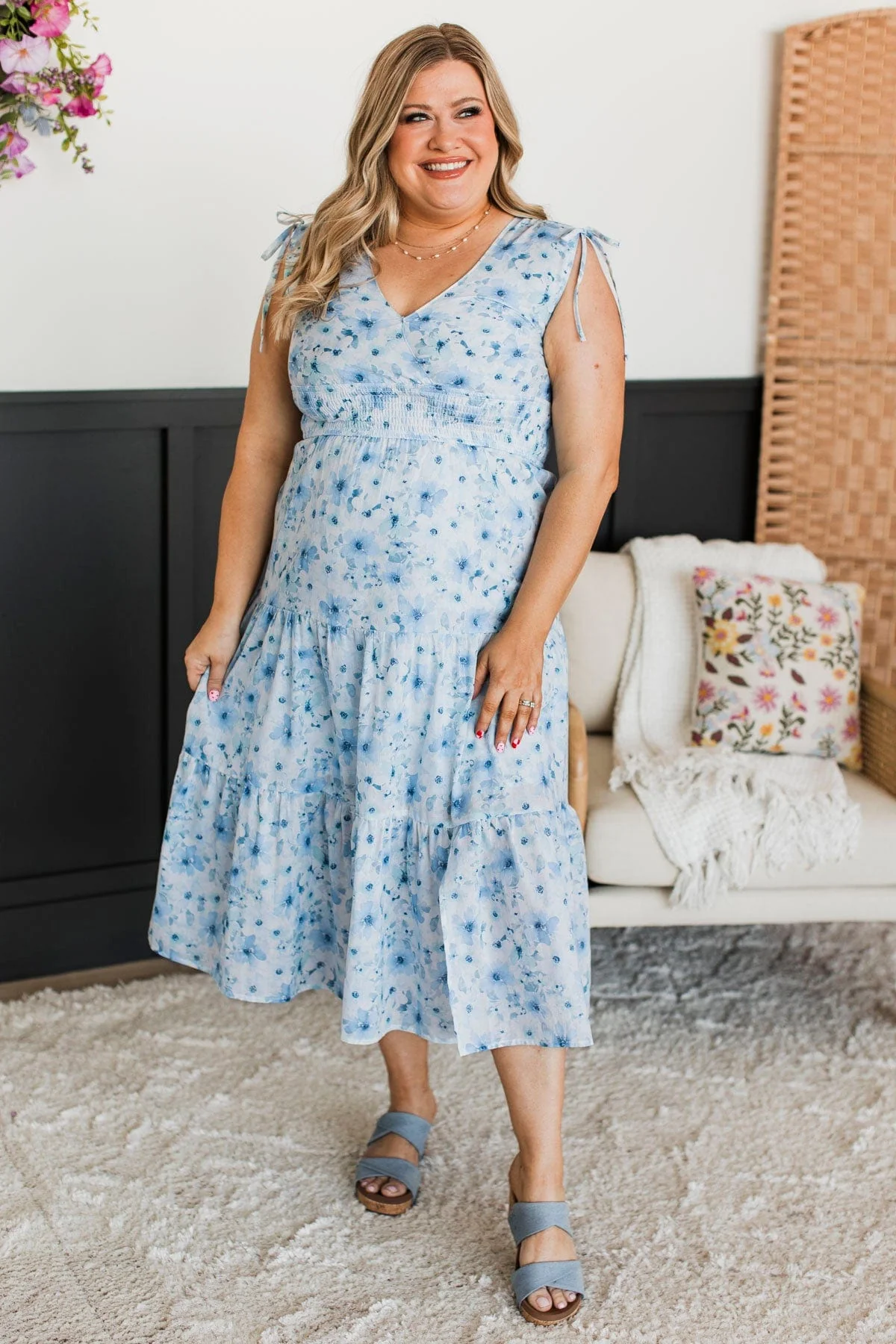 Inspiring Devotion Floral Midi Dress- Blue