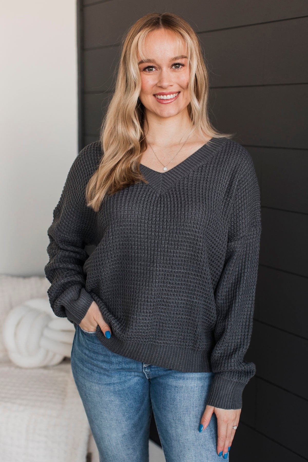 Inspiring Love V-Neck Sweater- Charcoal - Image 2