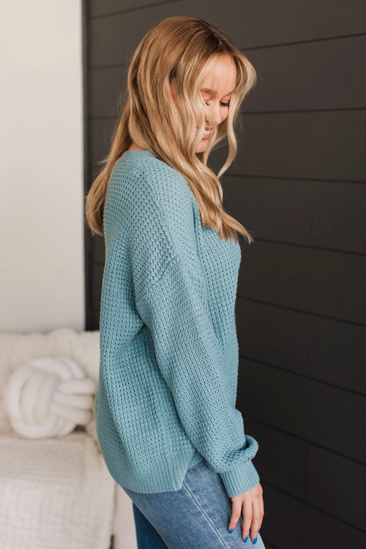 Inspiring Love V-Neck Sweater- Dusty Teal - Image 4