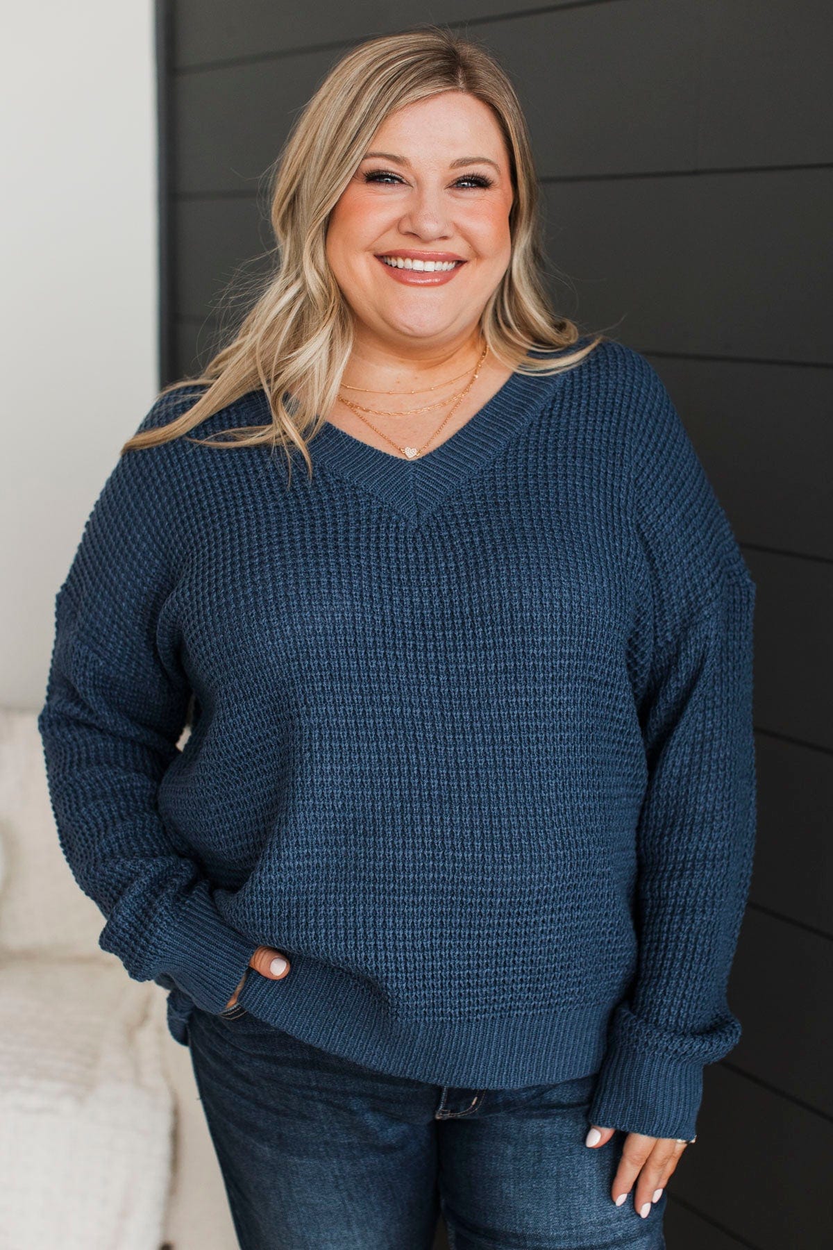 Inspiring Love V-Neck Sweater- Navy - Image 3