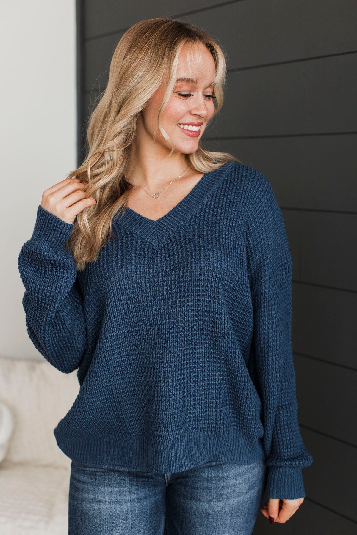 Inspiring Love V-Neck Sweater- Navy - Image 4