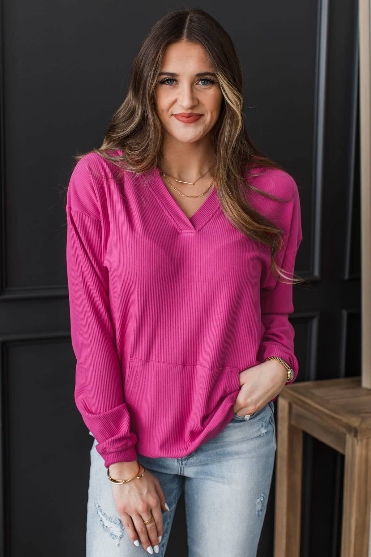 Instant Happiness Ribbed Lightweight Hoodie- Dark Fuchsia - Image 3