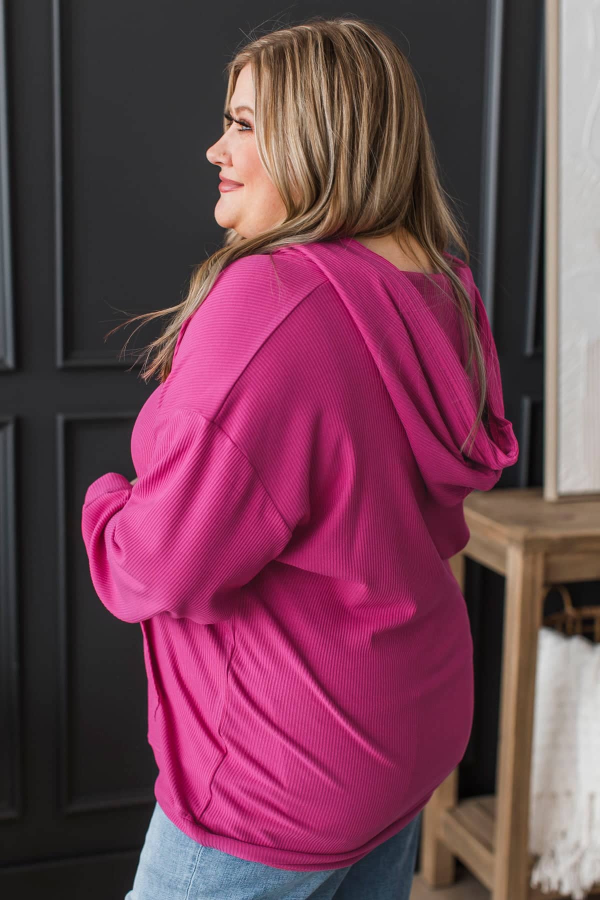 Instant Happiness Ribbed Lightweight Hoodie- Dark Fuchsia - Image 4