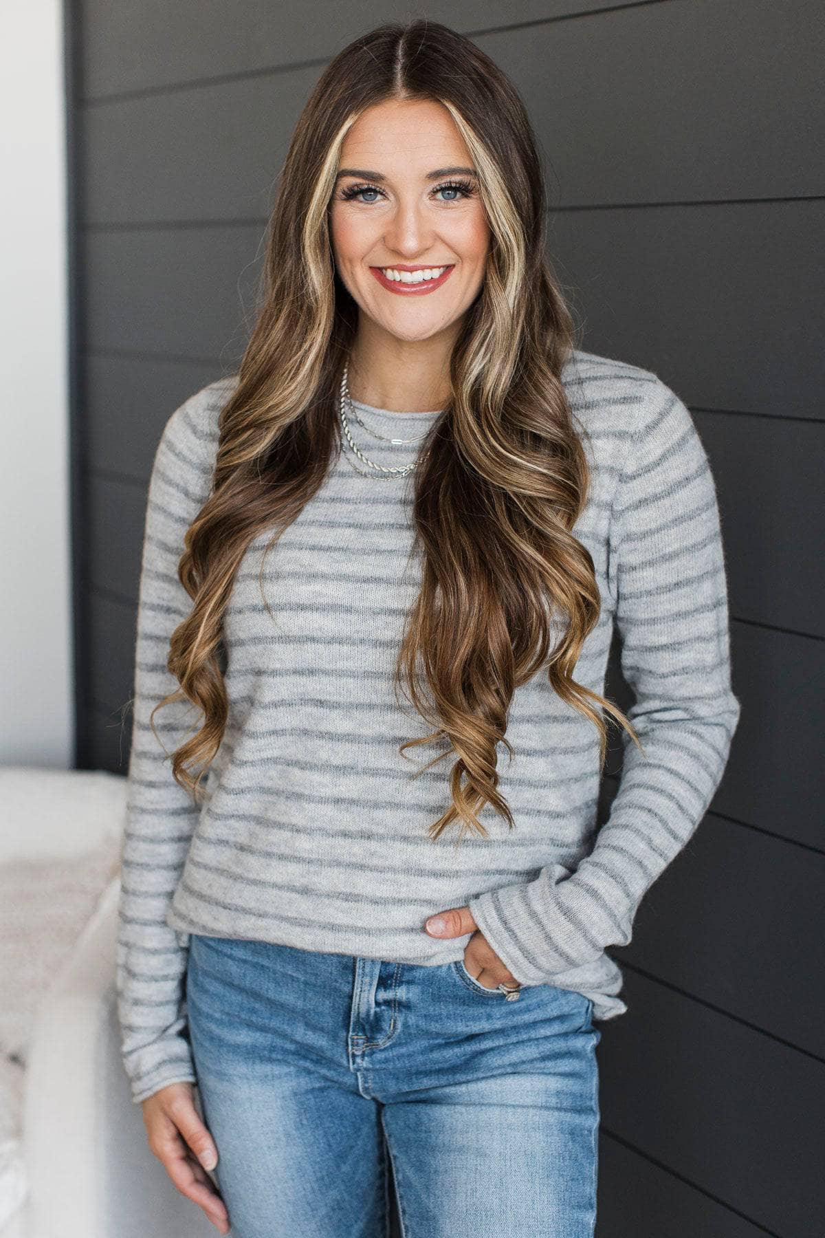 Interested In You Striped Sweater- Heather Grey - Image 4