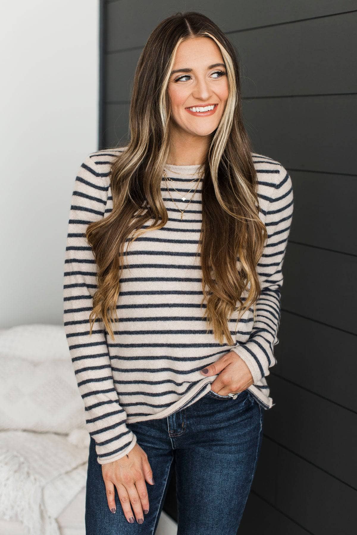 Interested In You Striped Sweater- Light Mocha & Navy - Image 3