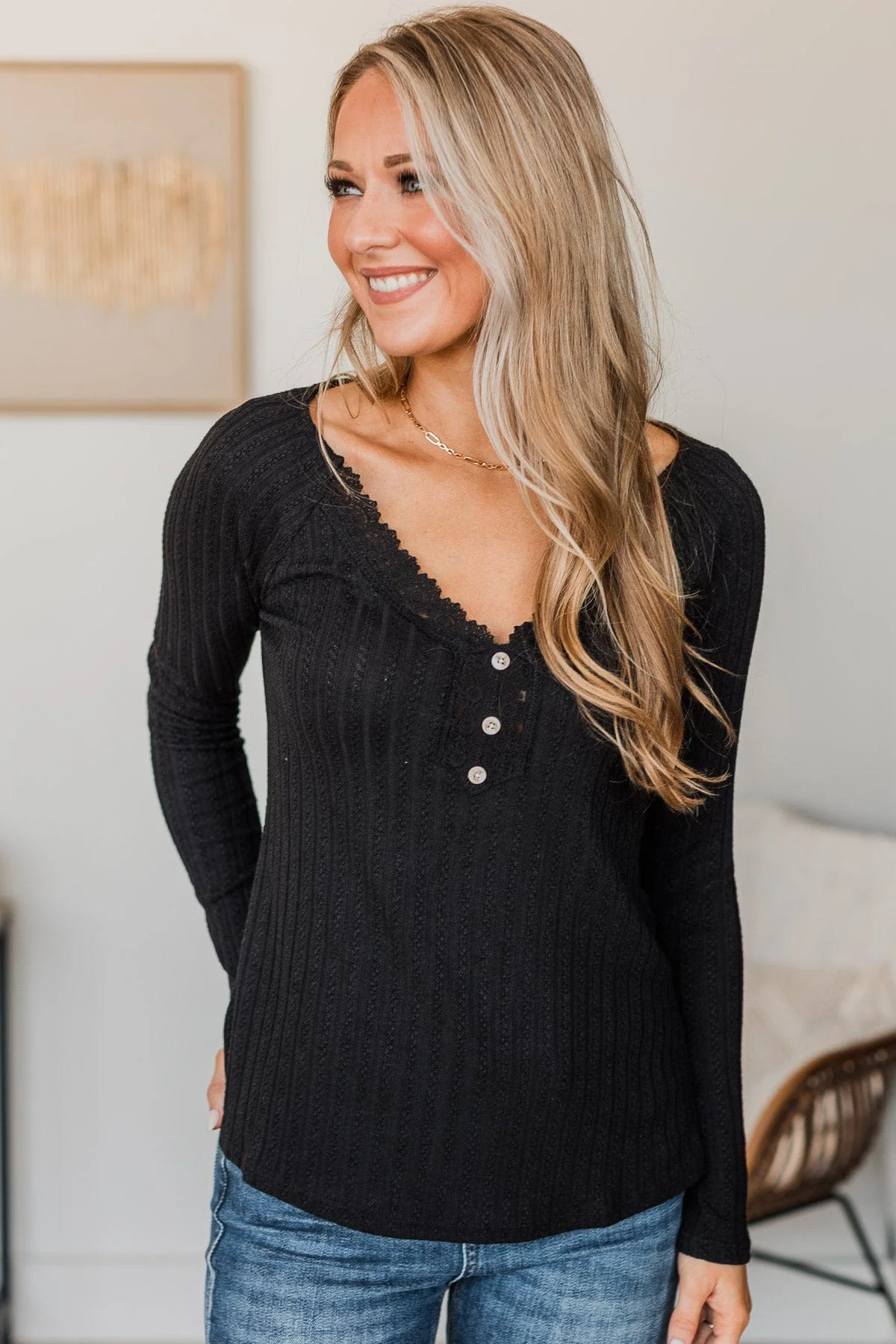 Into Bliss Long Sleeve Knit Top- Black - Image 3