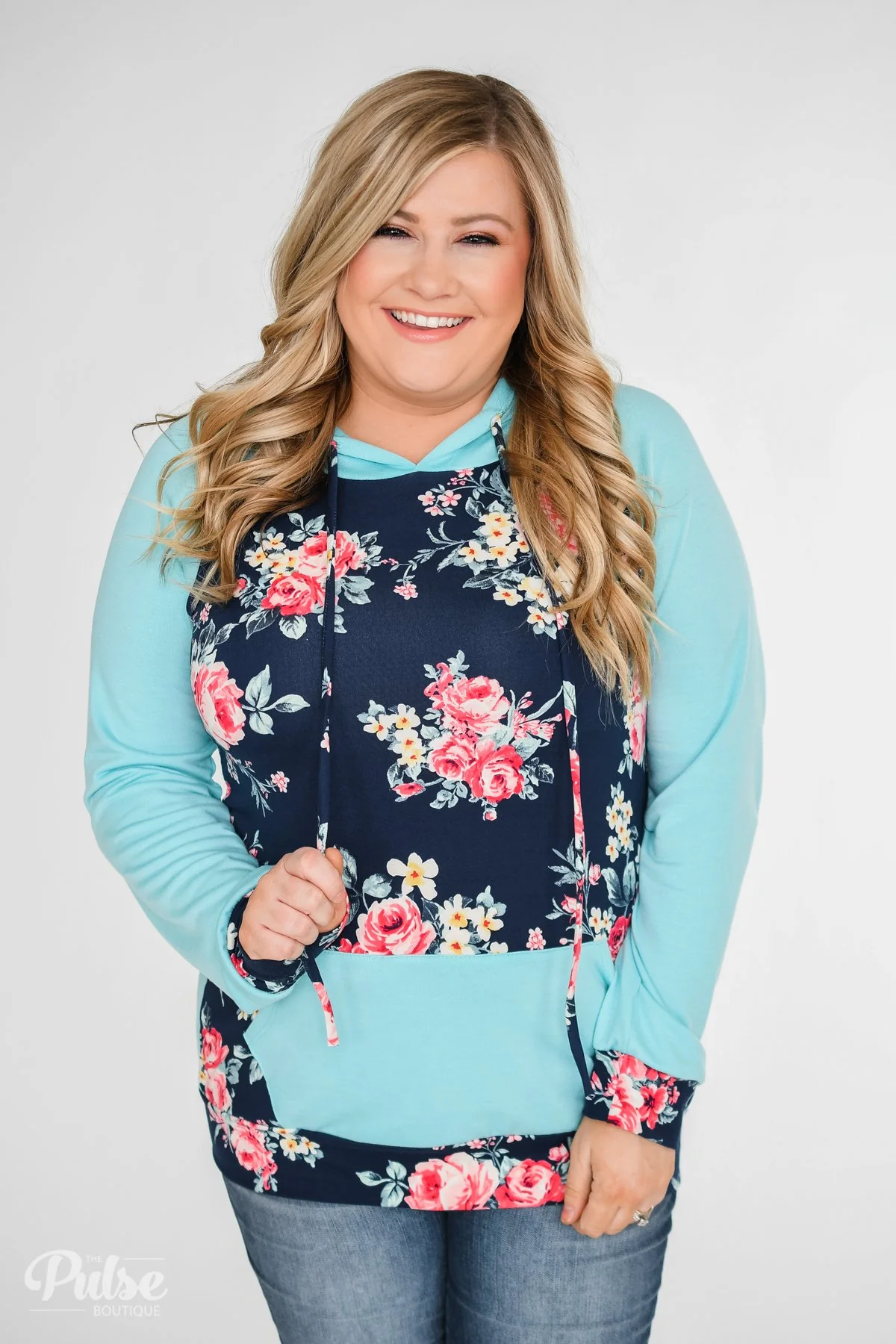 Into the Garden Floral Drawstring Hoodie- Navy & Turquoise - Image 13