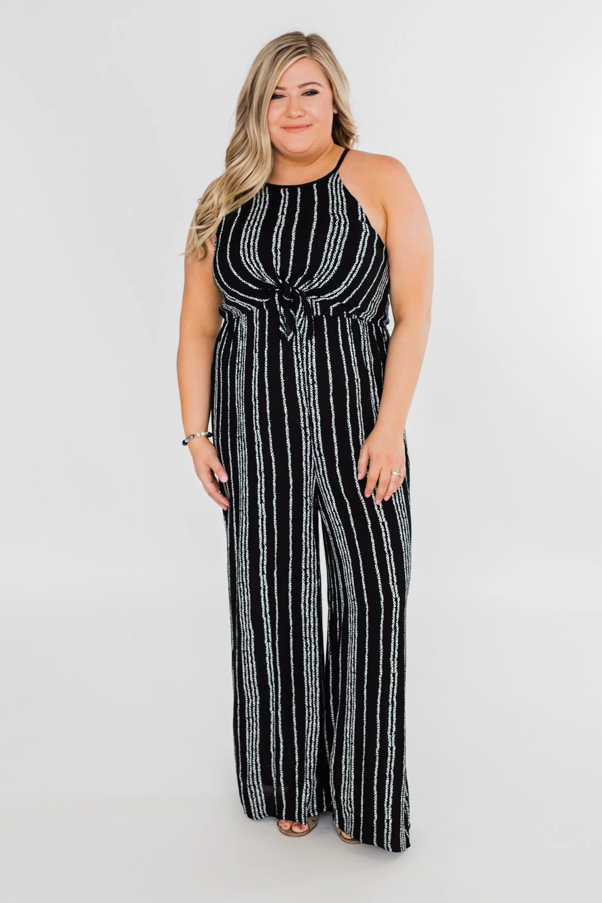 Into the Night Striped Halter Jumpsuit- Black