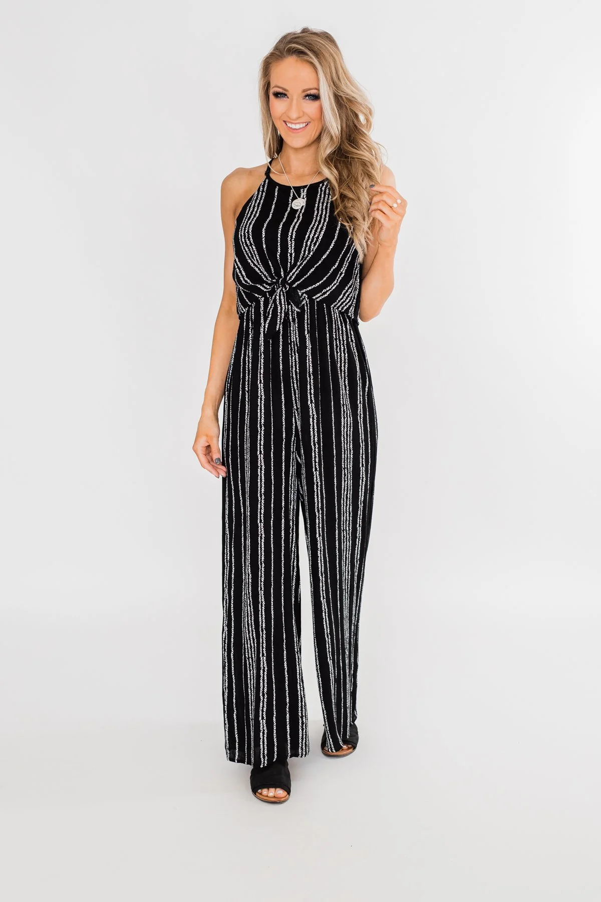 Into the Night Striped Halter Jumpsuit- Black - Image 11