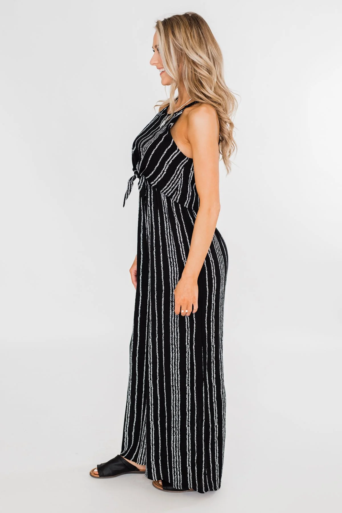 Into the Night Striped Halter Jumpsuit- Black - Image 12