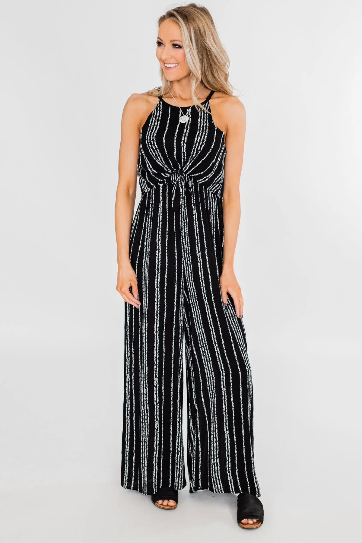 Into the Night Striped Halter Jumpsuit- Black - Image 2