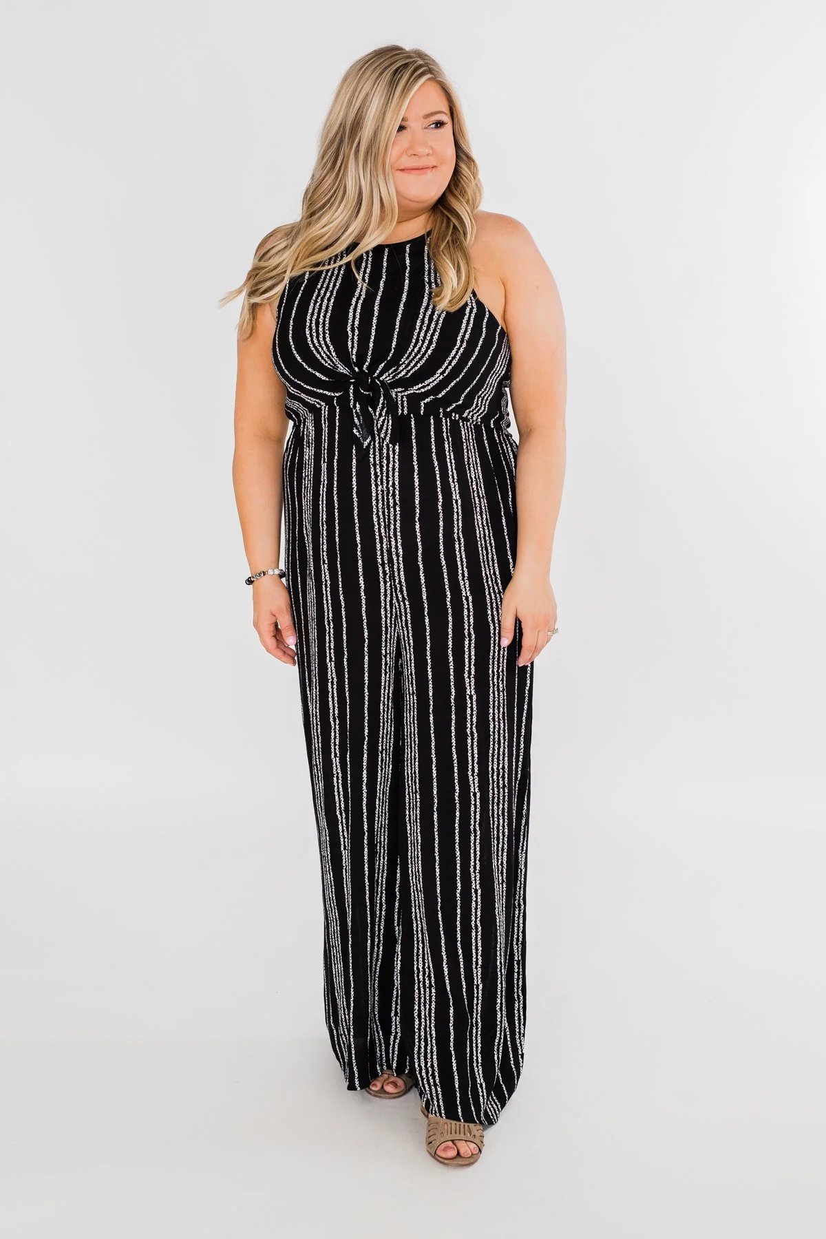 Into the Night Striped Halter Jumpsuit- Black - Image 3