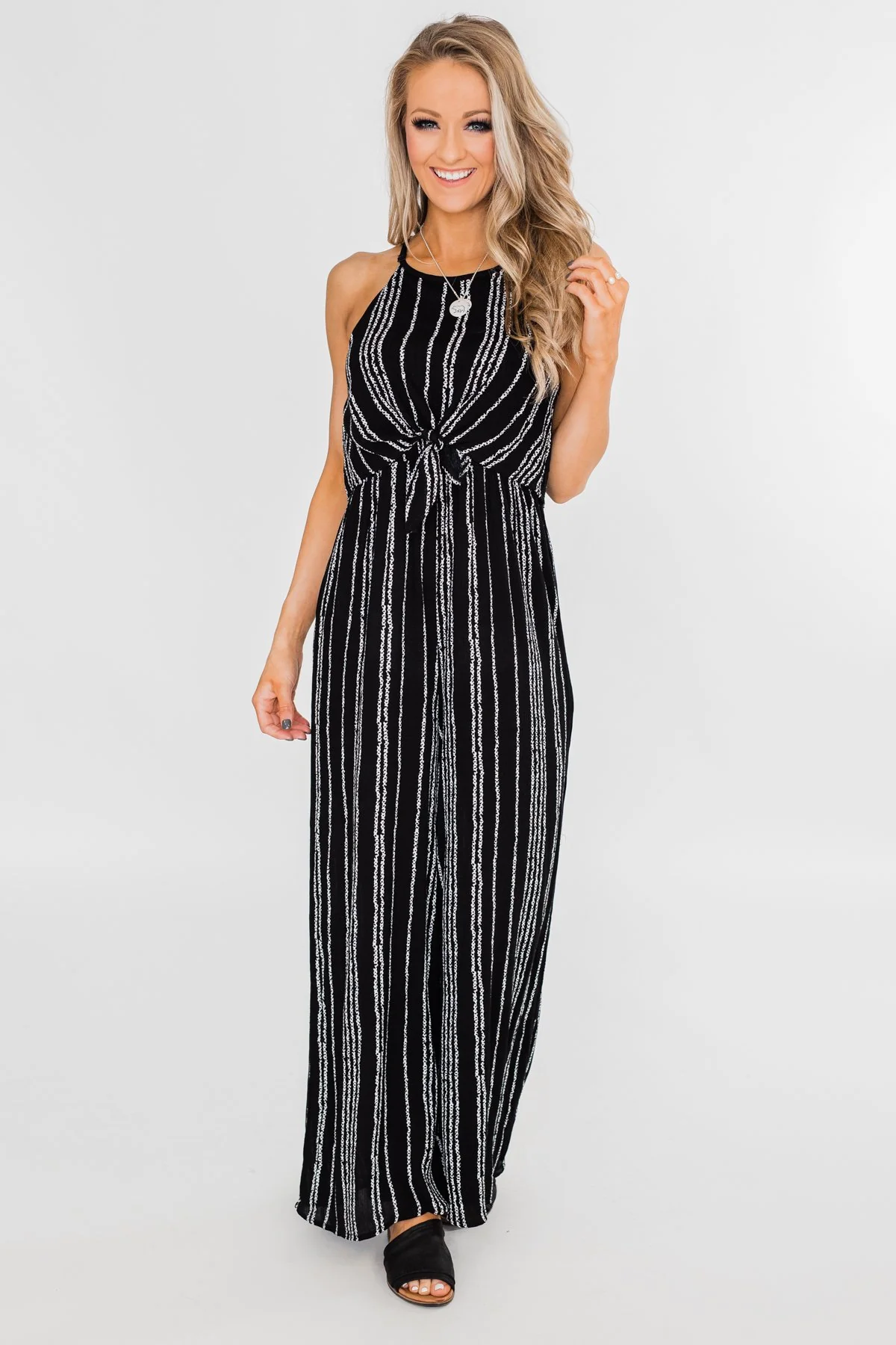 Into the Night Striped Halter Jumpsuit- Black - Image 4