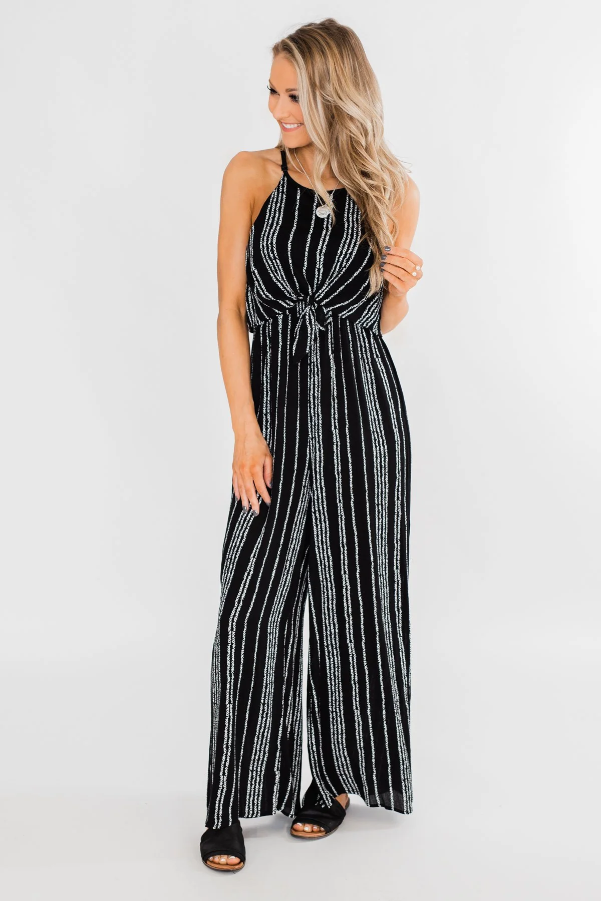 Into the Night Striped Halter Jumpsuit- Black - Image 6