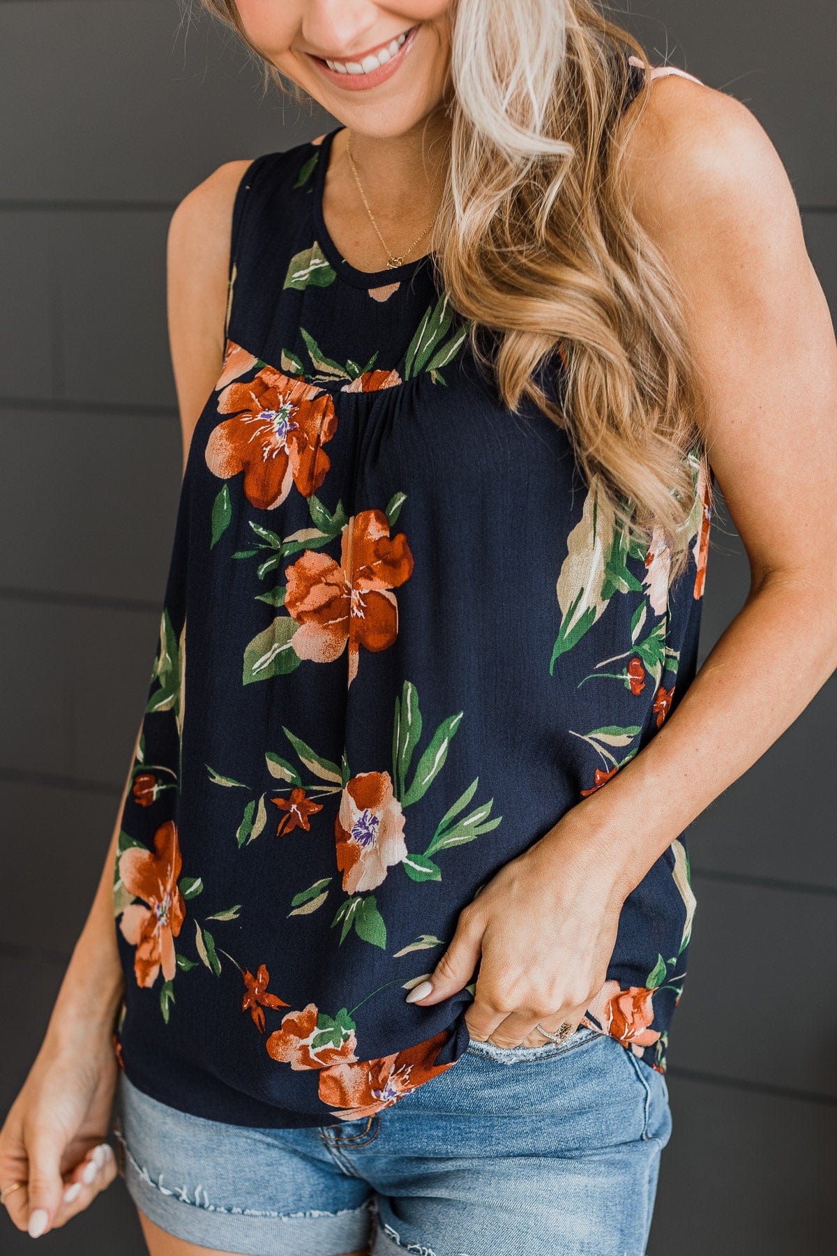 Intrigued By You Floral Tank Top- Navy