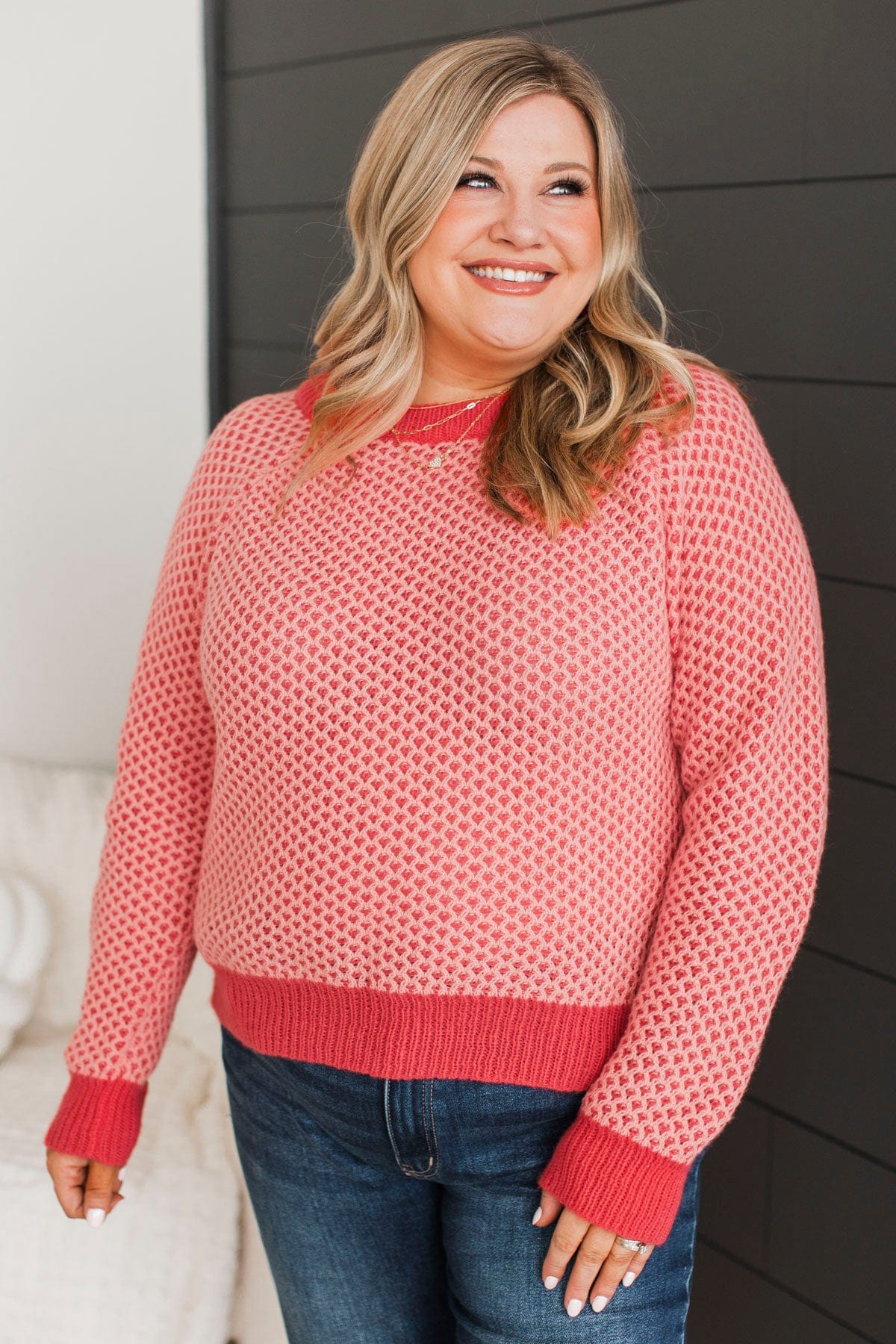 Intrigued Gaze Waffle Knit Sweater- Coral - Image 2