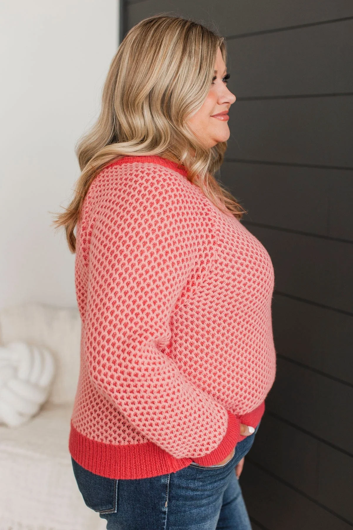 Intrigued Gaze Waffle Knit Sweater- Coral - Image 4