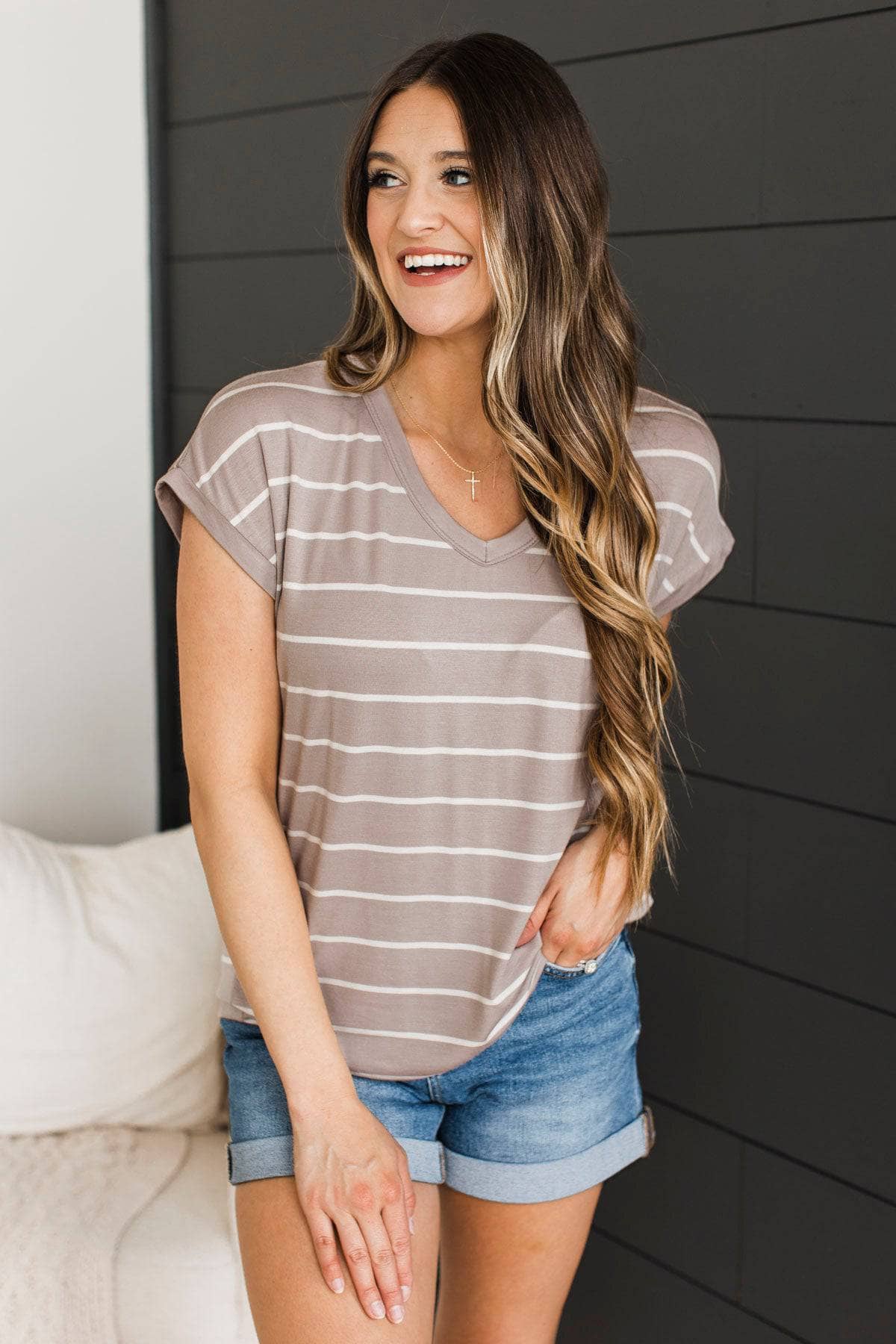 Inviting Love V-Neck Striped Top- Stone - Image 4
