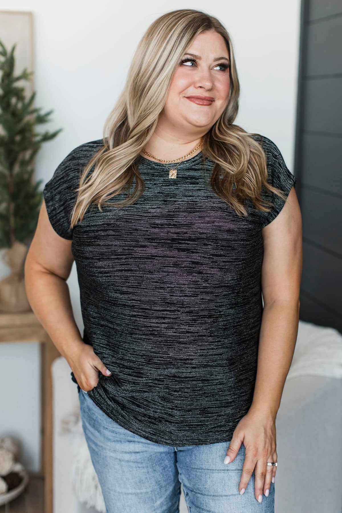 Irresistible Looks Short Sleeve Lurex Top- Black & Silver