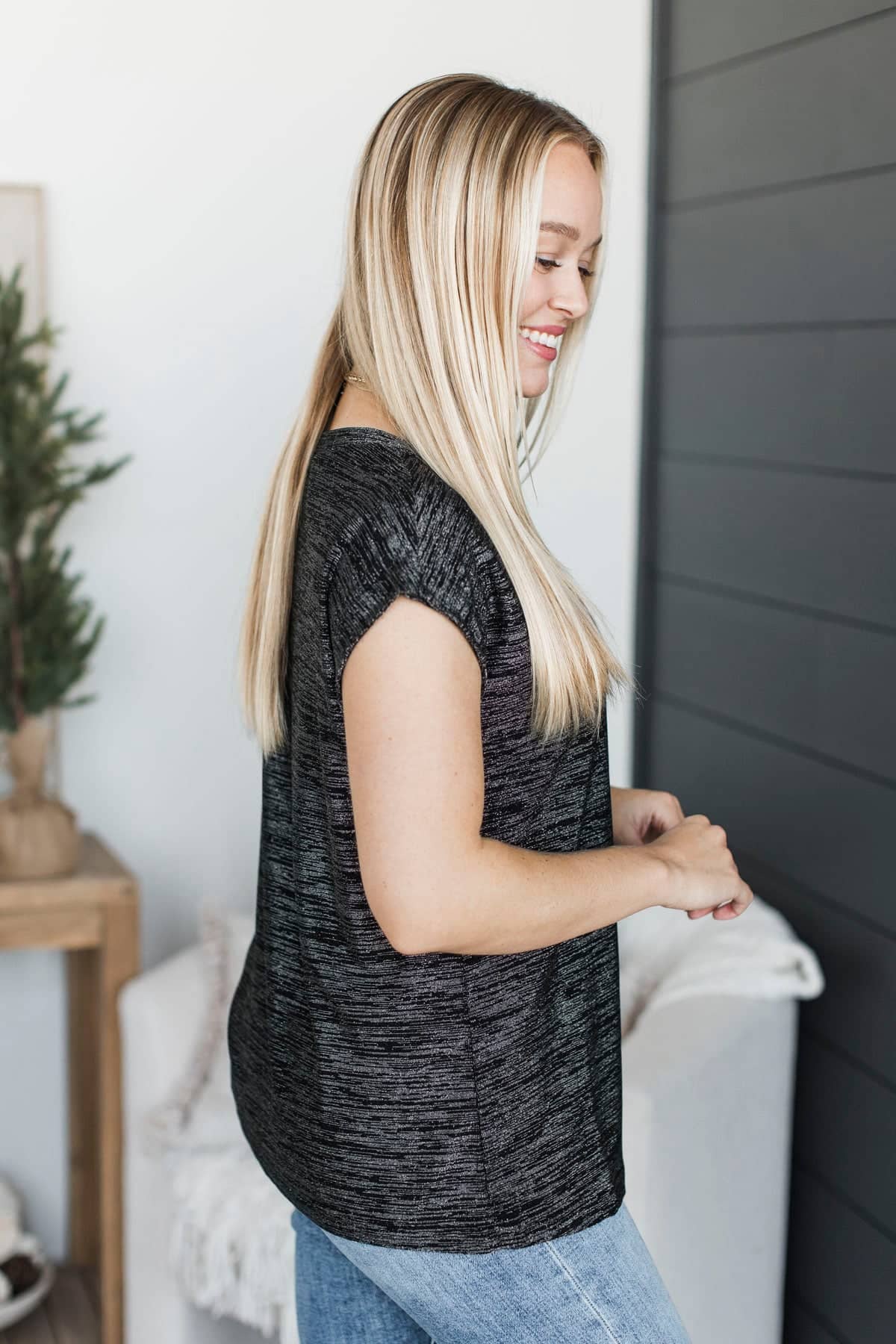 Irresistible Looks Short Sleeve Lurex Top- Black & Silver - Image 6