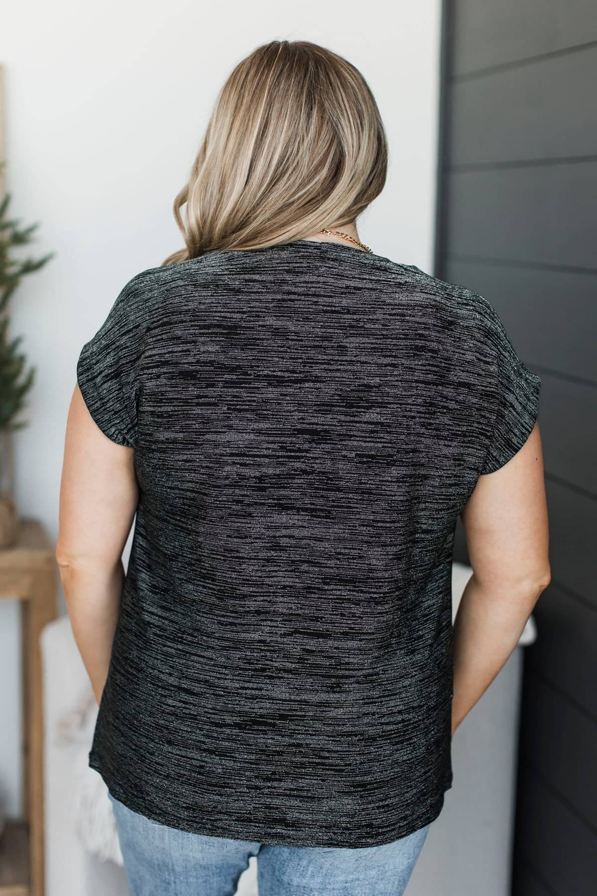 Irresistible Looks Short Sleeve Lurex Top- Black & Silver - Image 7