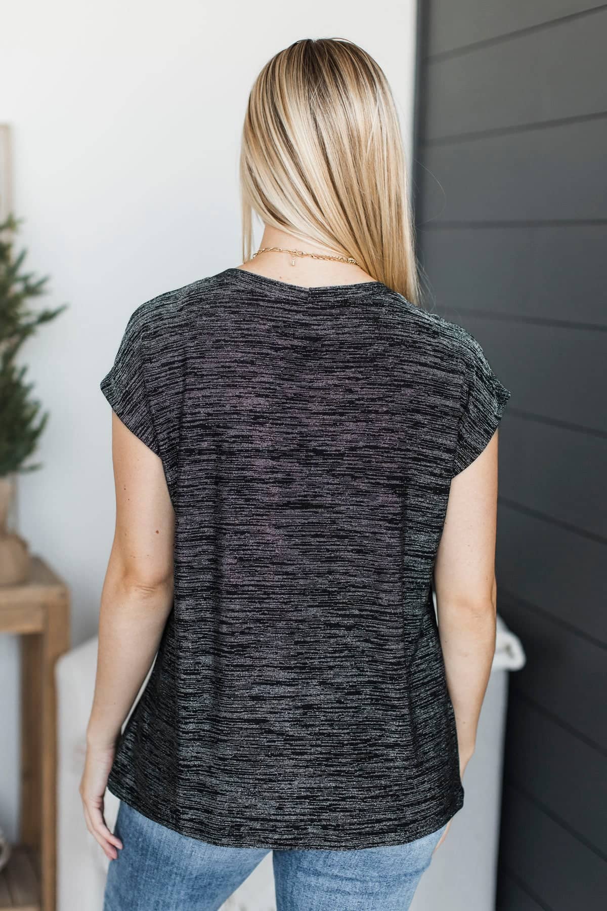 Irresistible Looks Short Sleeve Lurex Top- Black & Silver - Image 8