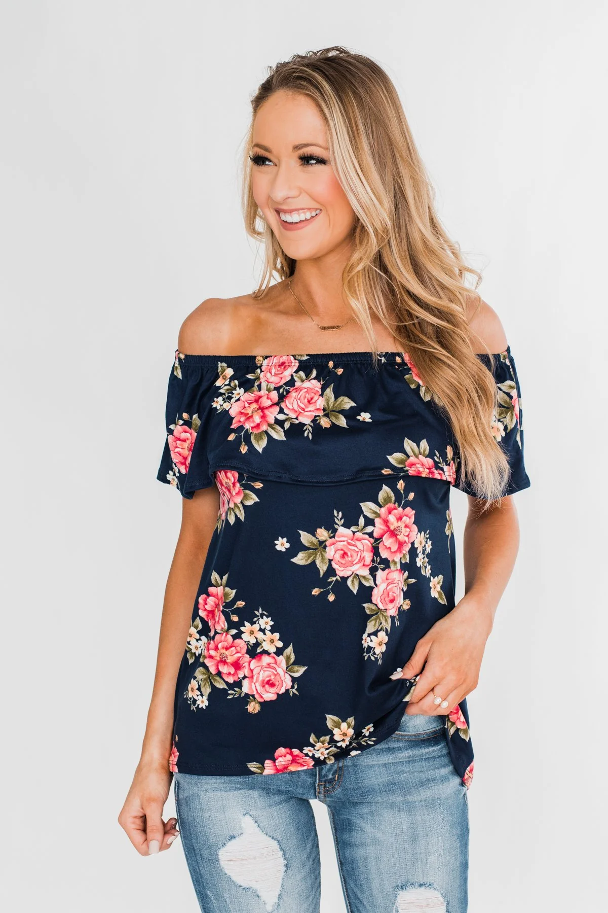 Island Beauty Off The Shoulder Floral Top- Navy - Image 5