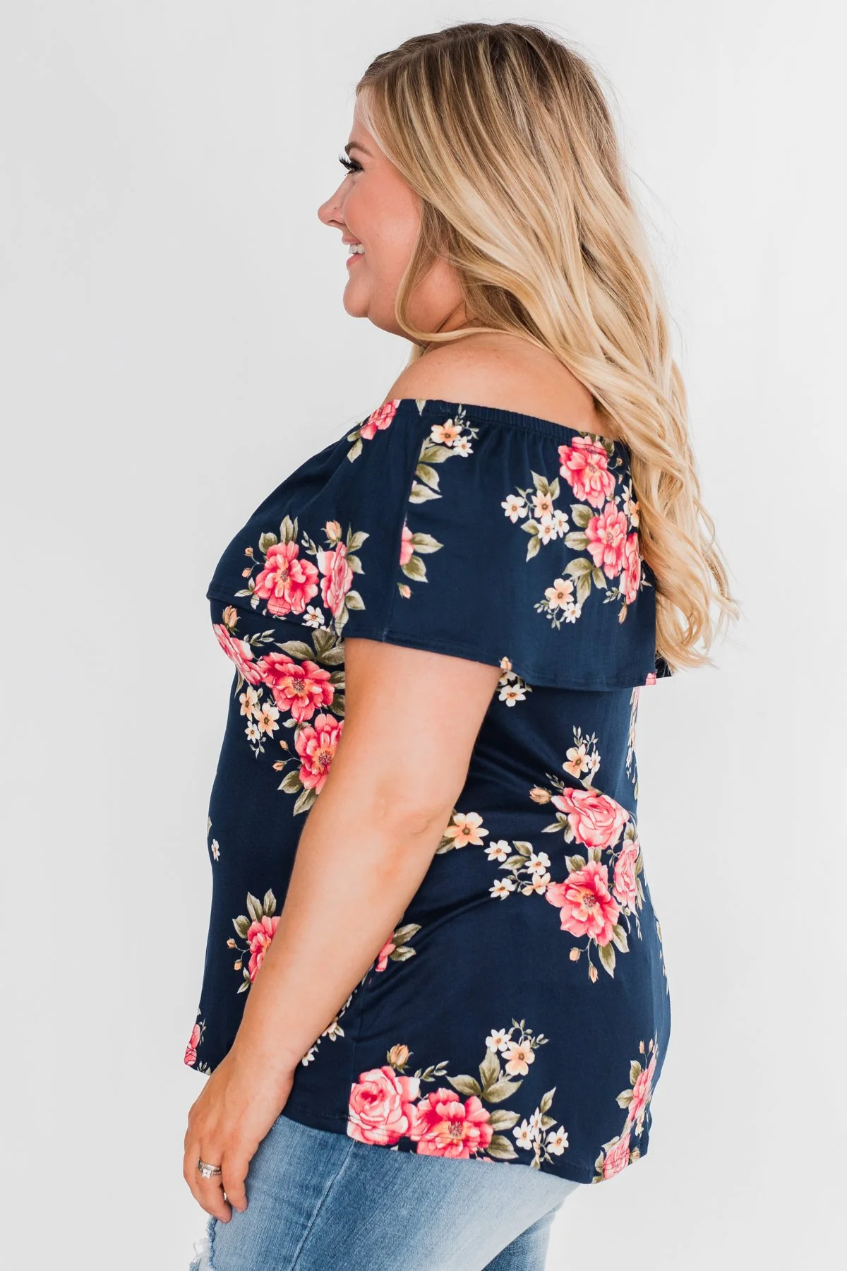 Island Beauty Off The Shoulder Floral Top- Navy - Image 7