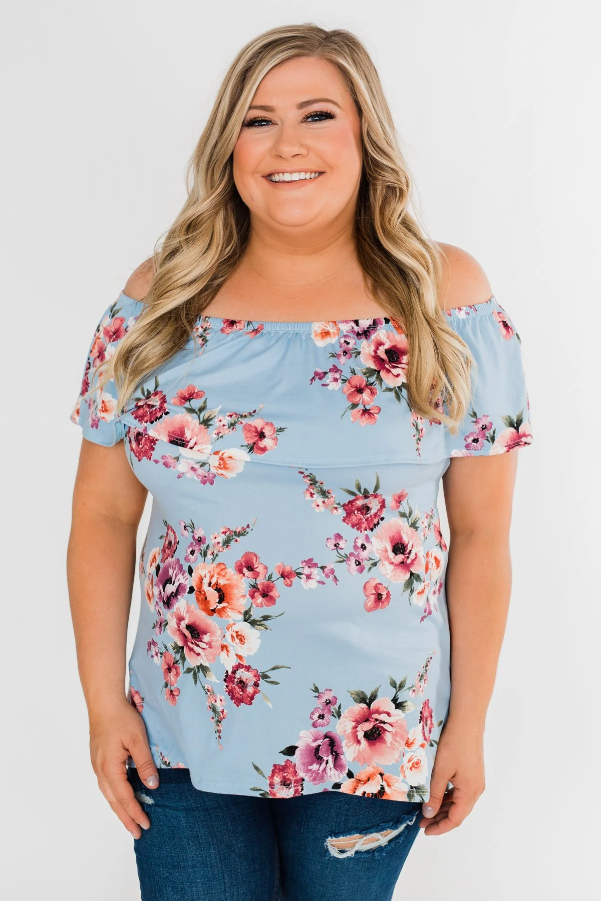 Island Beauty Off The Shoulder Floral Top- Sky Blue - Image 4