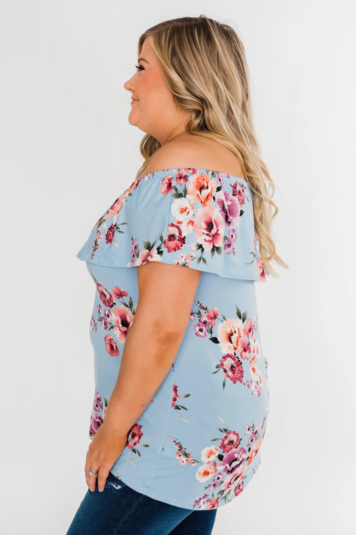 Island Beauty Off The Shoulder Floral Top- Sky Blue - Image 6