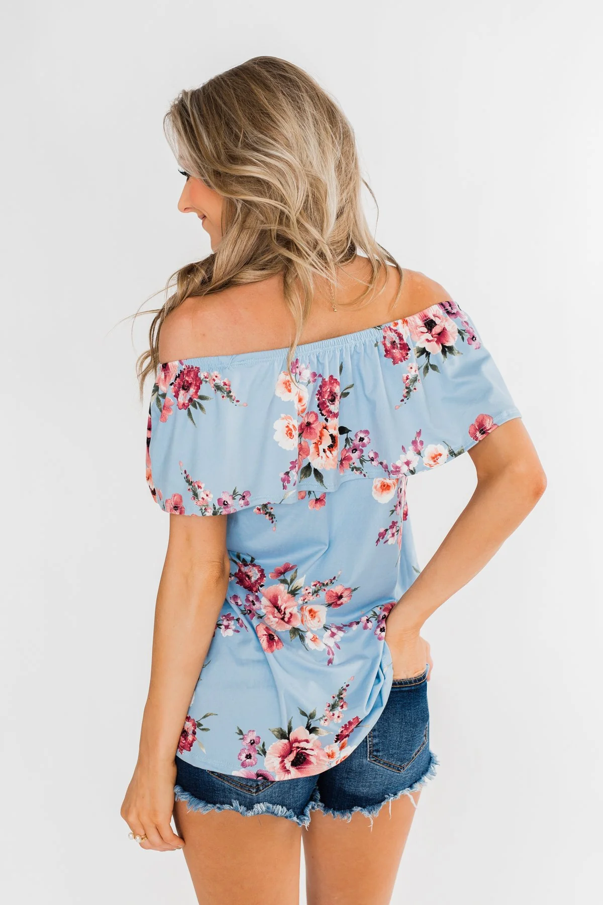 Island Beauty Off The Shoulder Floral Top- Sky Blue - Image 7