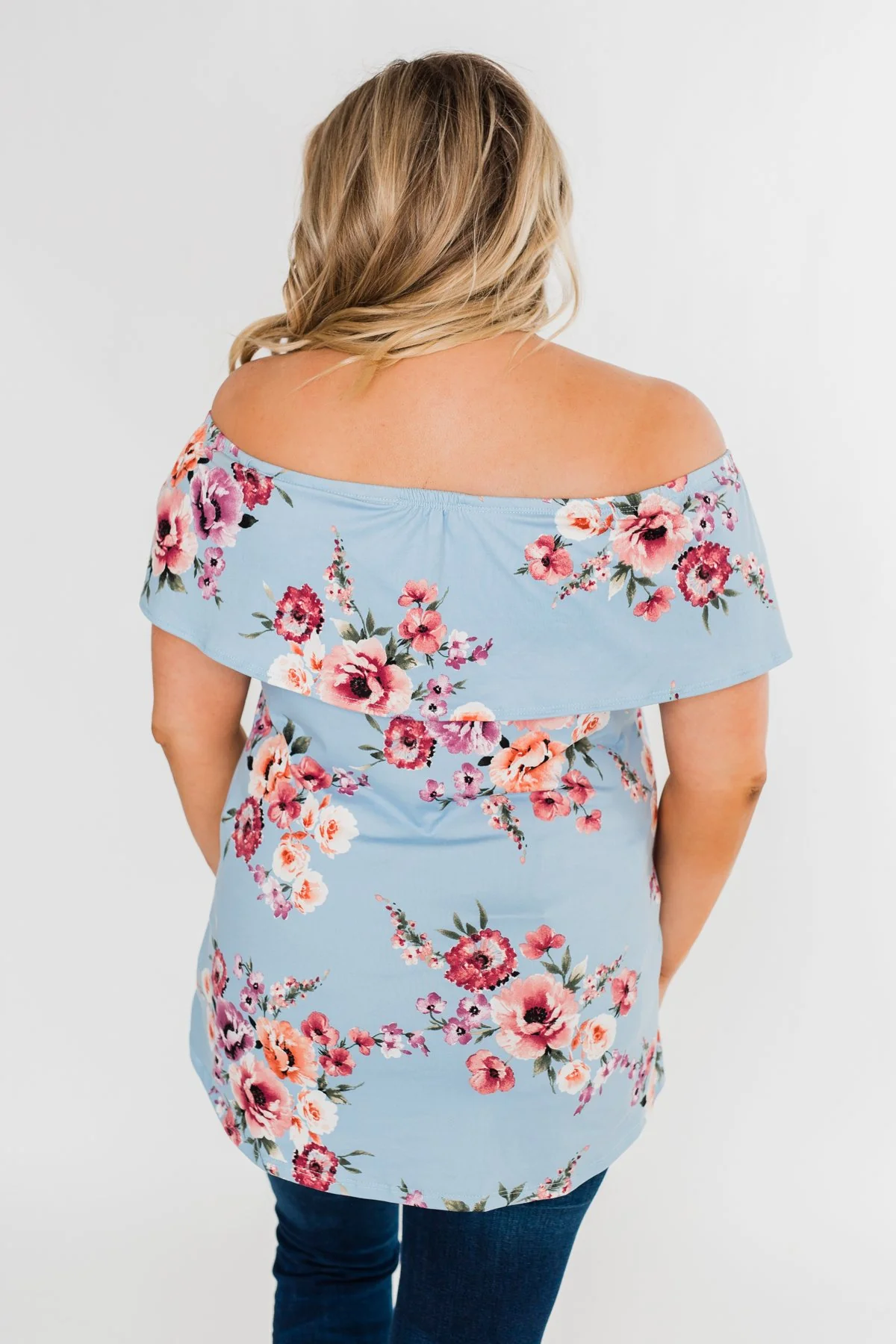 Island Beauty Off The Shoulder Floral Top- Sky Blue - Image 8