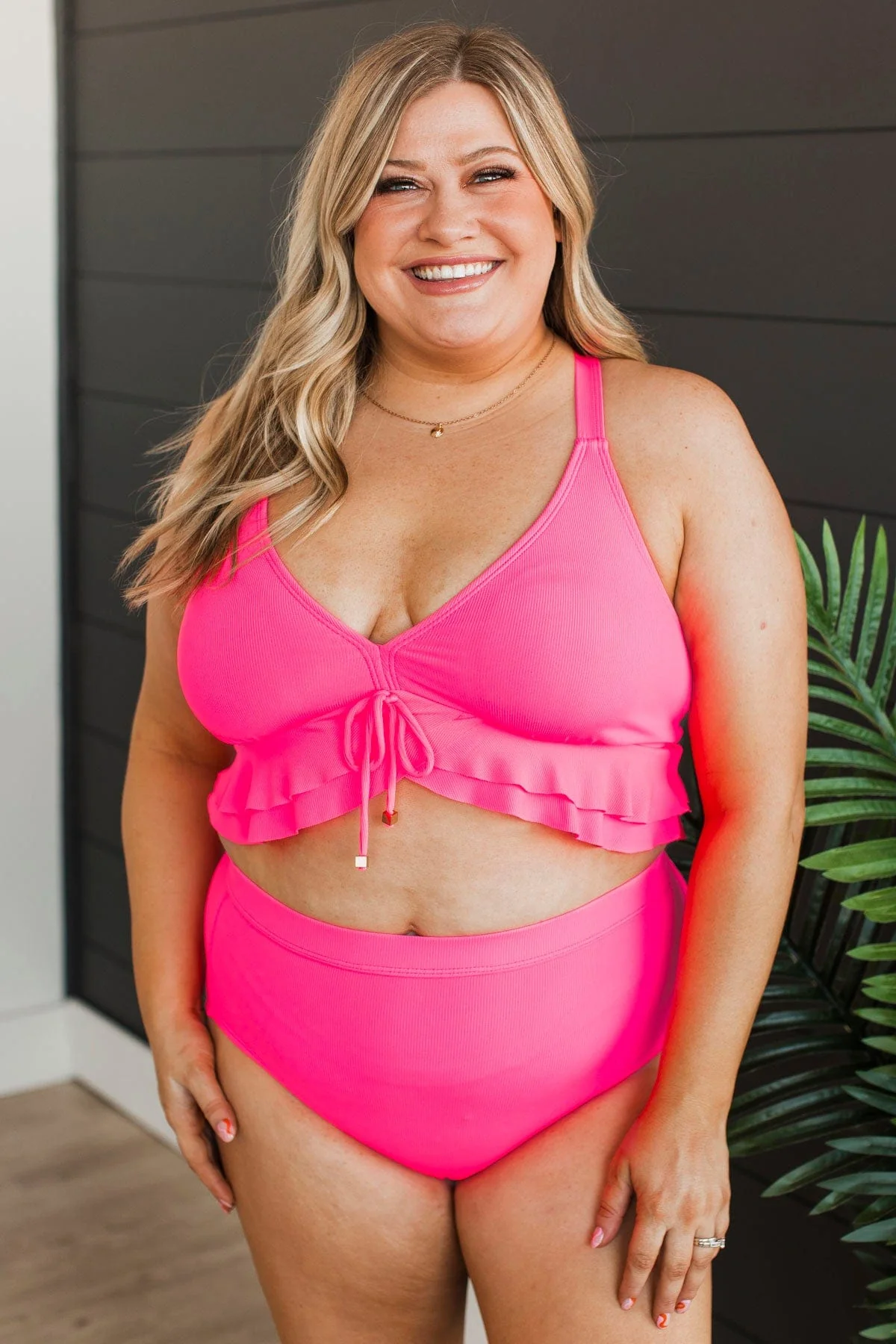 Island Essence Ruffle Swim Top- Hot Pink Ribbed - Image 3