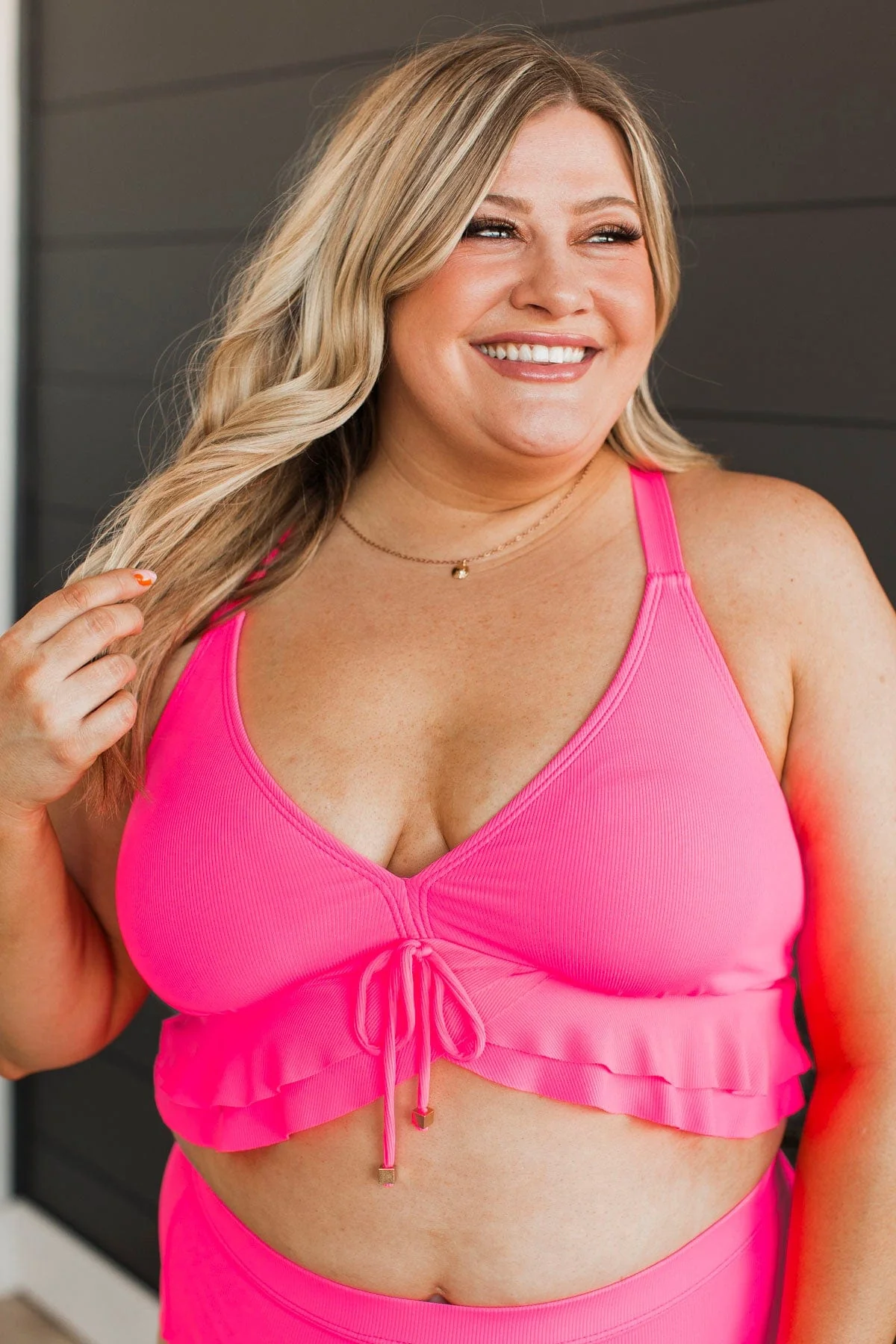 Island Essence Ruffle Swim Top- Hot Pink Ribbed - Image 6