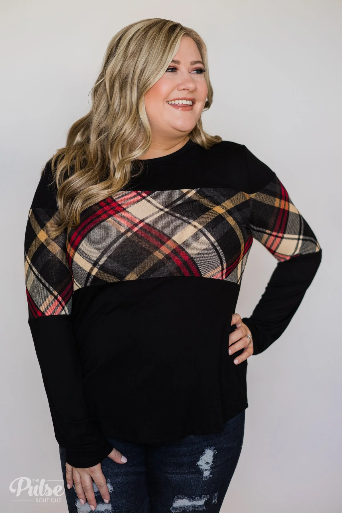 It Goes Like This Long Sleeve Plaid Top- Black - Image 2