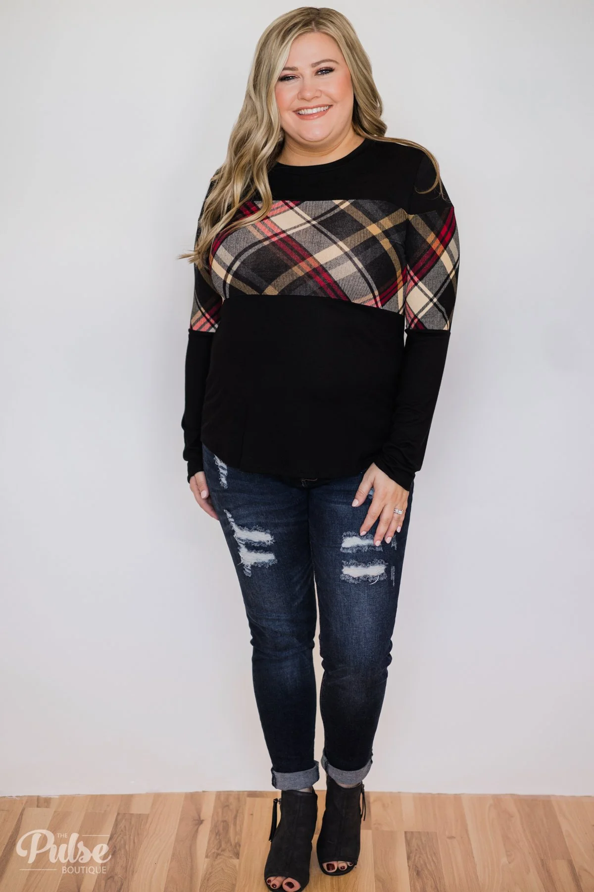It Goes Like This Long Sleeve Plaid Top- Black - Image 4